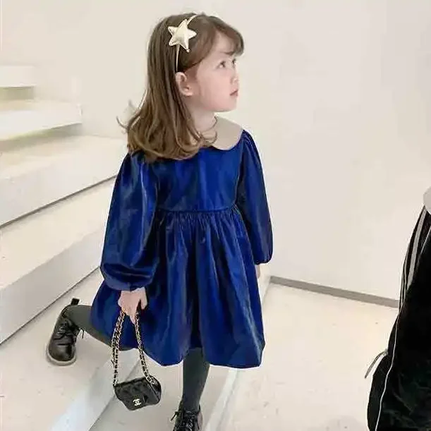 Girls Velvet Dress Fashionable Navy Blue Long Sleeved Hickened Gold Velvet Princess Dress Winter Doll Collar Girls Clothes