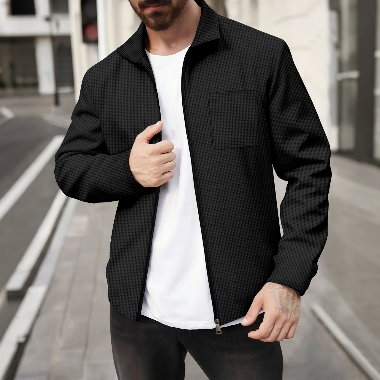 Men's Waffle Knit Zip Up Jacket - Casual Long Sleeve Turn Down Collar Lightweight Coat with Chest Pocket