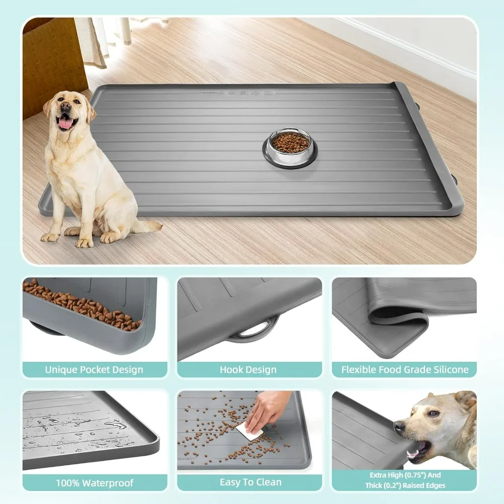 Dog Mat for Food and Water, Large Pet Feeding Mats with Residue Collection Pocket, High Edges to Prevent Water and Food Spills