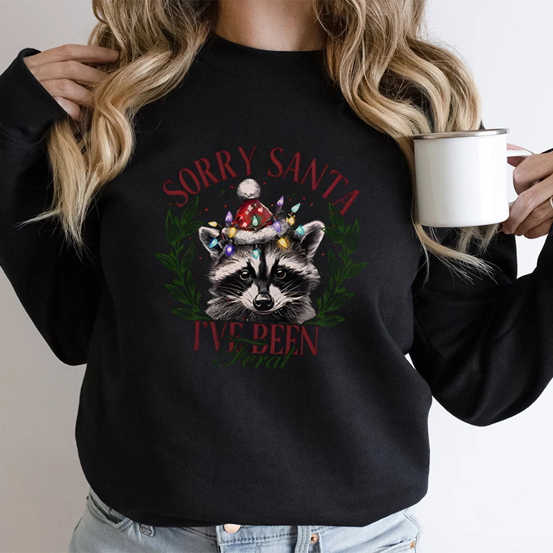 Christmas Retro Raccoon Trending Sweatshirts for Women Santa Raccoon Lover Gift Hoodies Sorry Santa I've Been Feral Sweatshirt