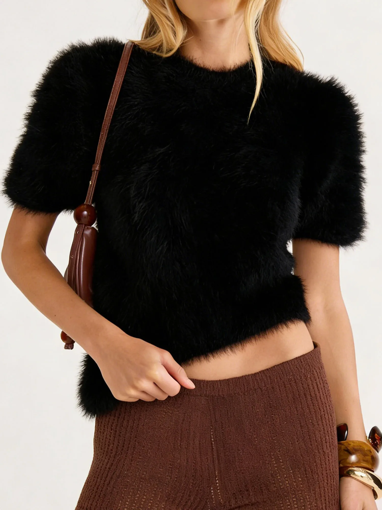 짧은 소매와 크루넥이 있는 여성용 니트 스웨터 일상 캐주얼 착용을 위한 세련된 등이 없는 타이업 풀오버 탑