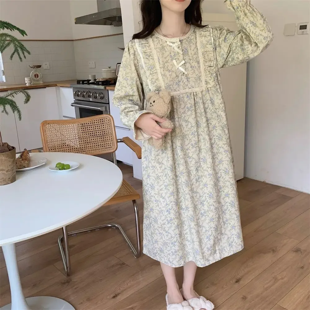 Vintage Nightgown Floral Print Sleepwear Womens Korean Ruffles Night Dress One Piece Pajamas Spring Knee Length Bow Home Wear