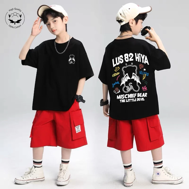 

2025 летняя модная свободная футболка с милым принтом демона для мальчиков, хлопковые футболки с короткими рукавами для мальчиков, детские повседневные топы, одежда для девочек