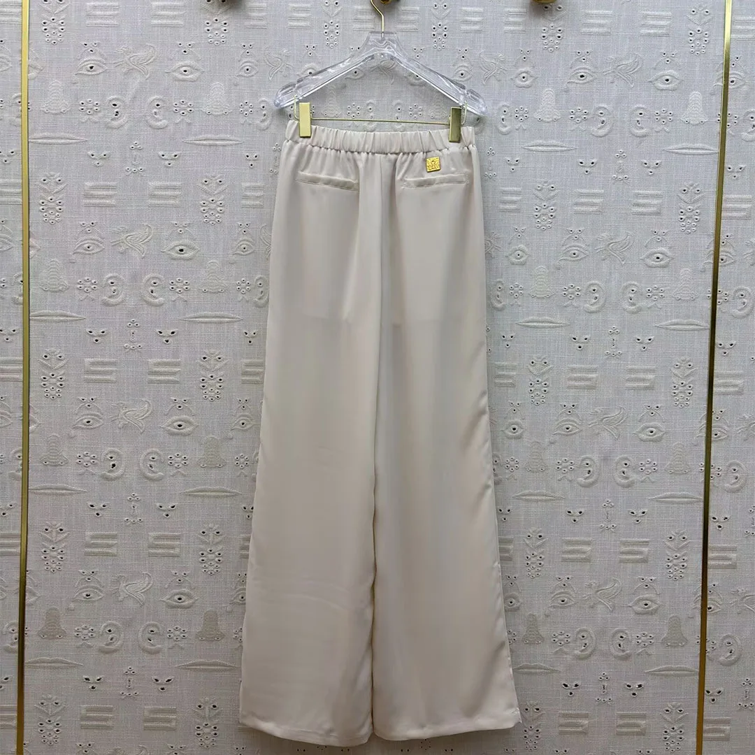 2026 New  Design Gold Button Solid Color Wide Leg Pants Women Elastic High Waist Loose Casual Long Trousers