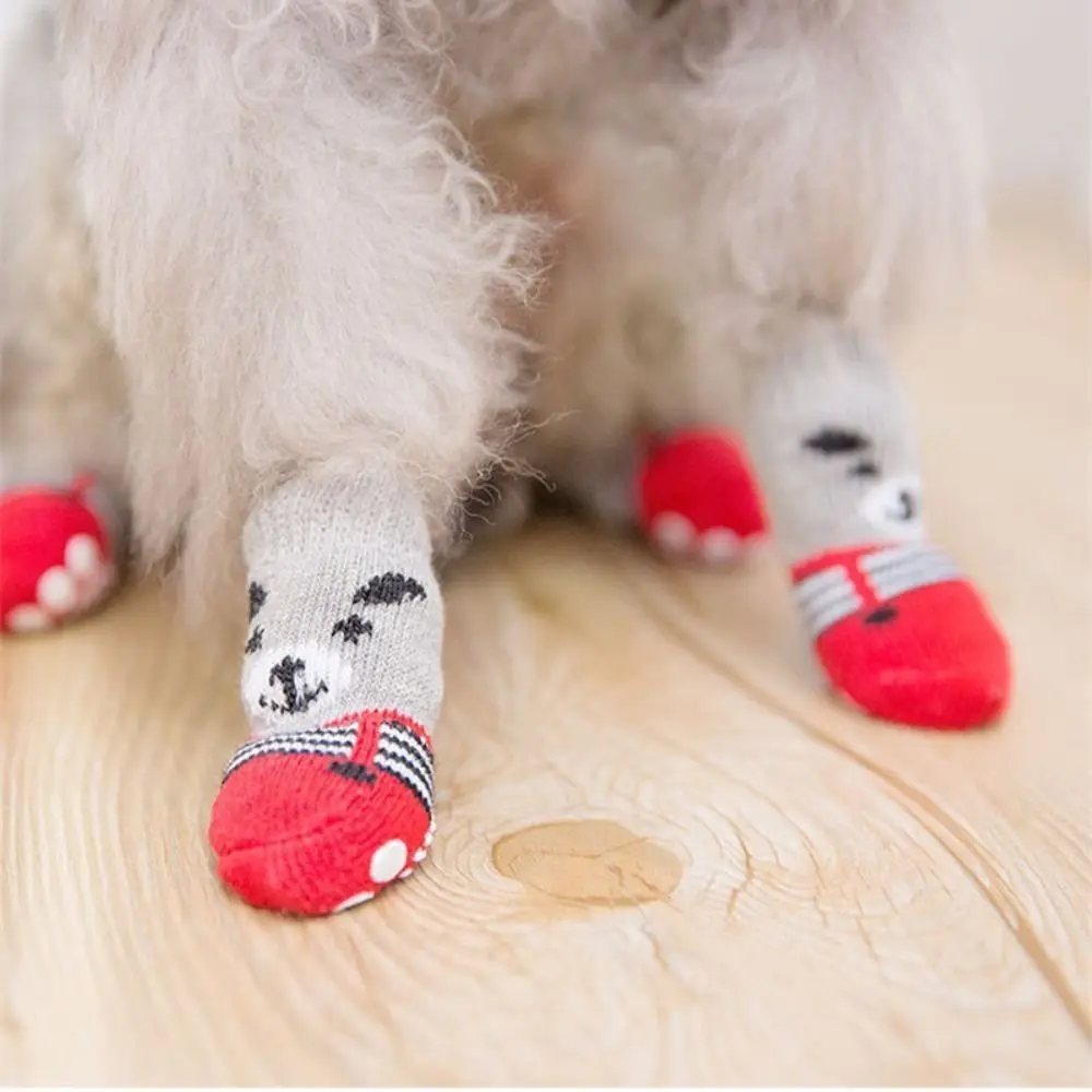 4pcs Winter Freeze-proofing Breathable Anti slip Cartoon Cat Socks Pet Foot Cover Dog Paw Protectors Puppy Socks