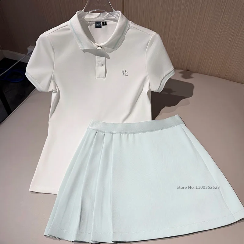 

PL Summer New Golf Polo Shirt Women Breathable Short Sleeve Tops Slim Elastic Waist Golf Skirt Pleated Tennis Skorts
