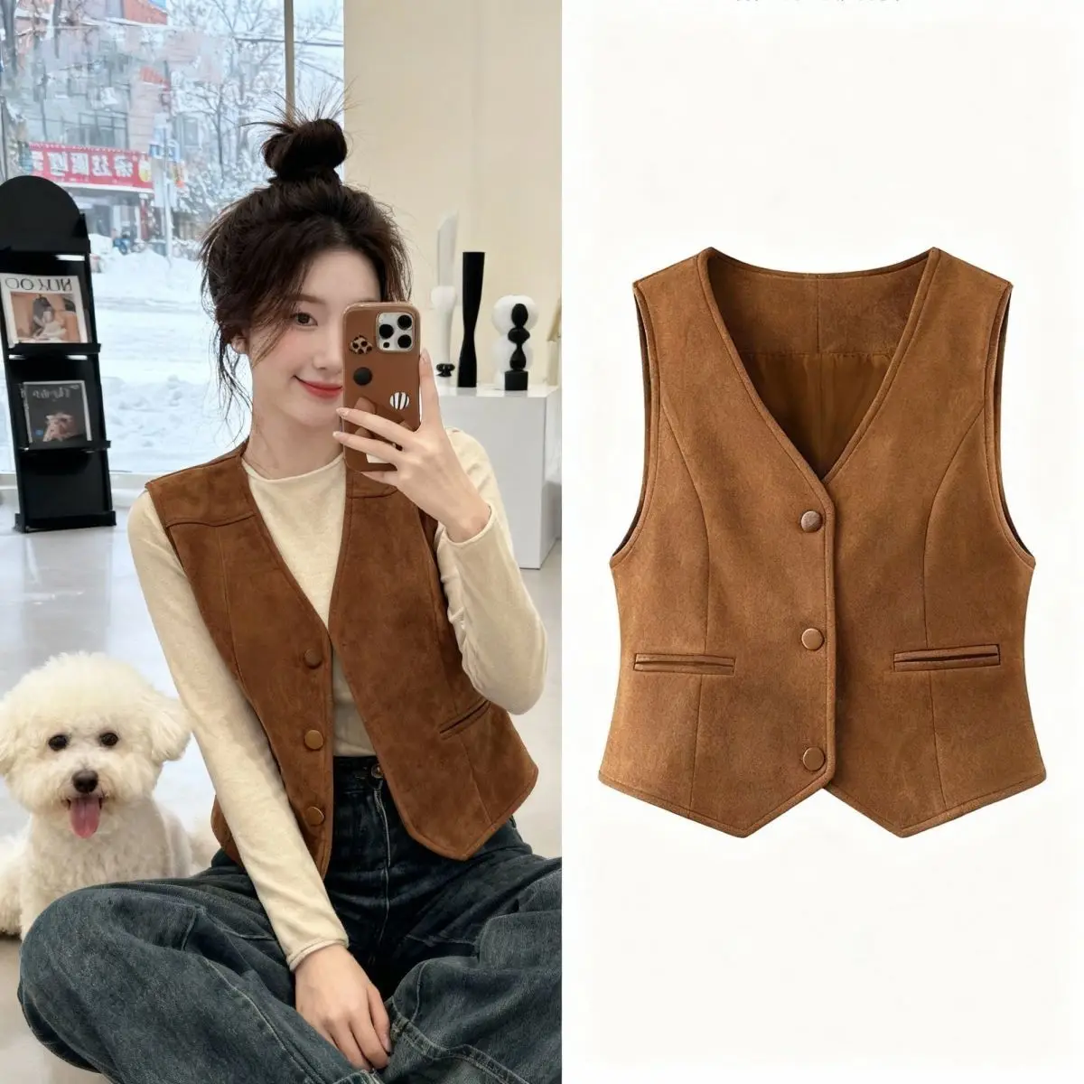 Slim Fit Suede Vest Women's Fashion Layering Outerwear Short Style V-Neck Single Button Closure  Color Commute Style