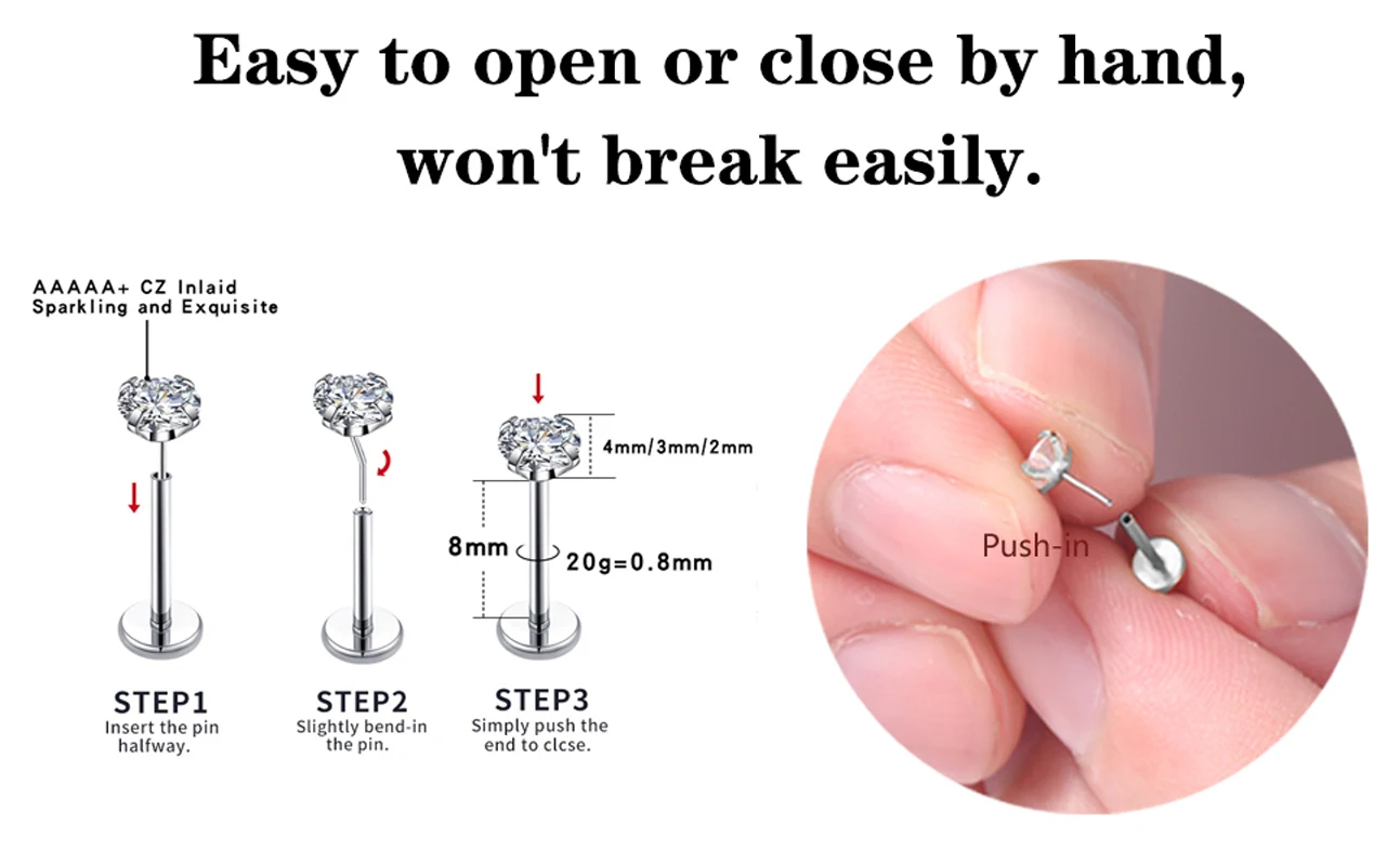3Pcs/Lot 20G Push-in Lip Ear Tragus Labret Piercing Set Stainless Steel Flat Back Threadless Stud Earrings for Cartilage Helix