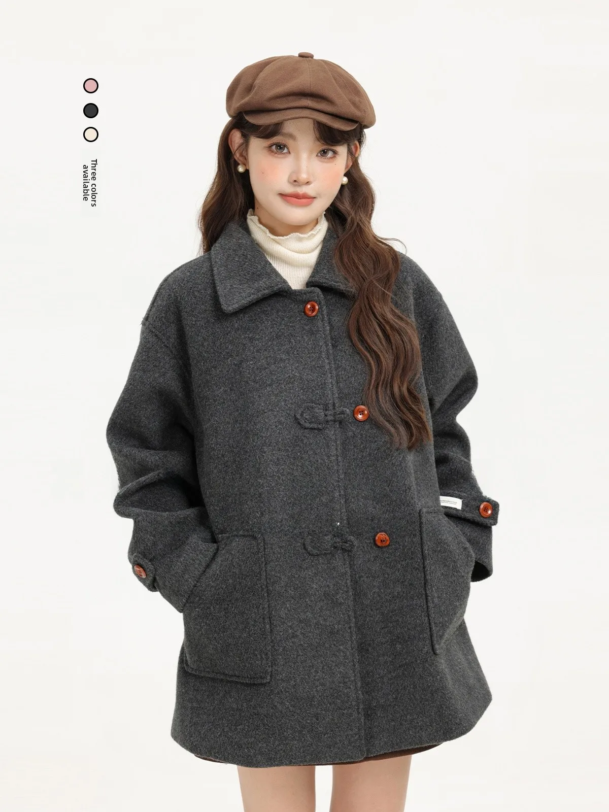 

Ele Retro Bla ey Woolen Coat Loose Versatile Mid-Length Korean Sle Commute Straight Tube ape Long Sve Collar