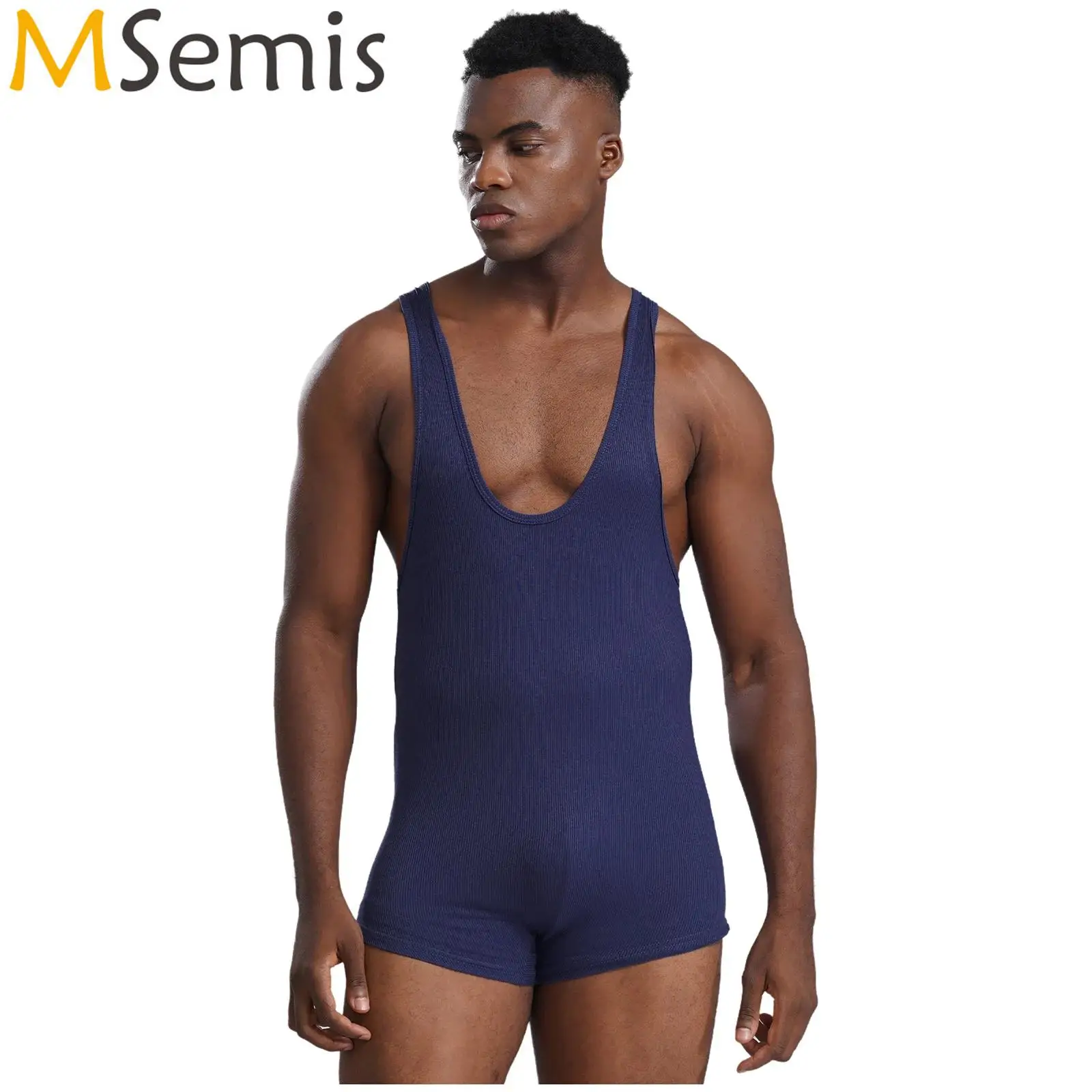 Mens Lingerie Shorts Wrestling Jumpsuit U Neck Sleeveless Stretchy Body Shaper Bodybuilding Gym Fitness Lounging Bodysuit