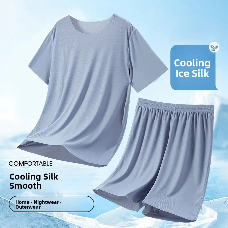 Ice Silk Sleepwear Set round Neck Short Sleeve Casual Lightweight Men's Home Clothes Comfortable Underwear for Youth in Summer