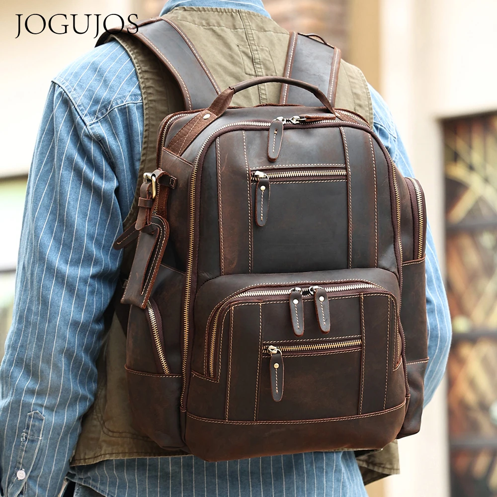 

JOGUJOS Vintage Genuine Leather Men's Backpack 15.6" Laptop Bags Fashion Large Capacity Business Travel Hiking Shoulder Daypacks