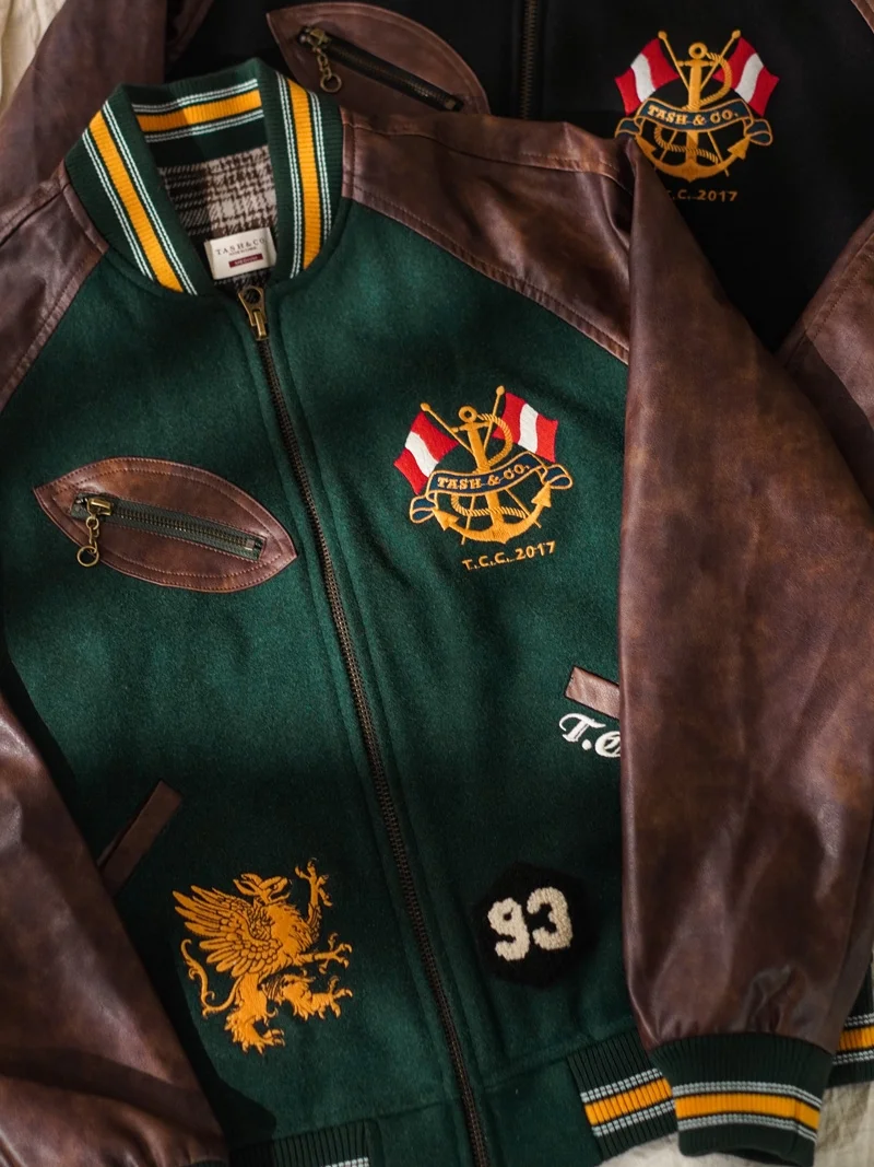 

Vintage college wool baseball uniform leather embroidered jacket autumn and winter jacket ivy ivy