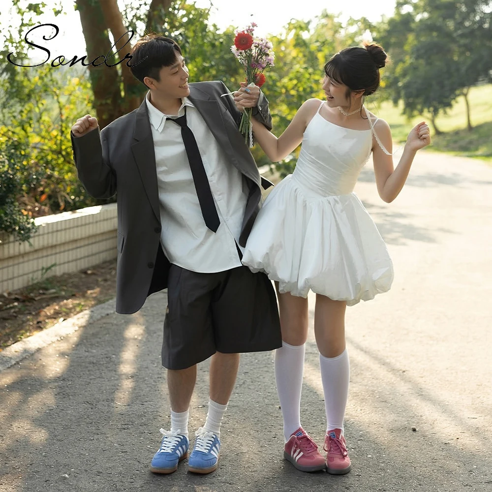 

Sondr Mini Wedding Dresses Korean Spaghetti Straps Prom Dresses Customized Corset Back Evening Party Dresses Short Formal Gown