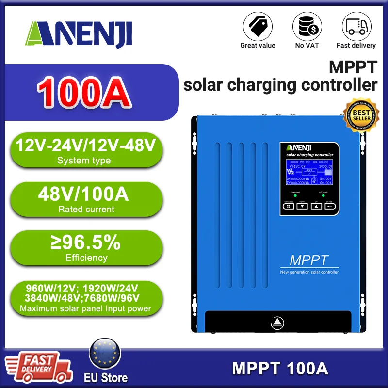 ANENJI 100A Regolatore di carica solare 12V/24V/36V/48V Caricabatteria Max 150V Retroilluminazione LCD Regolatore solare Funzione BTS