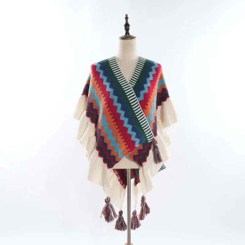 

2024 Autumn/Winter New Boho Ethnic Style Warm Shawl Fashion Rainbow Stripe Outfit Women's Cloak Mom's Clothing Accessories Gift