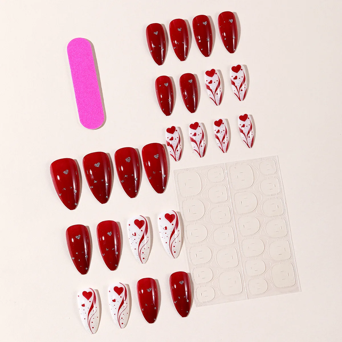 Short Medium fake nails for women girls gradient red pink heart for Valentine's Day sparkling tips press on false nail art set