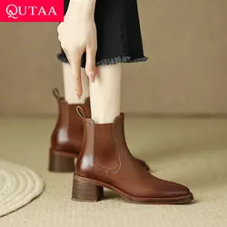 QUTAA 2024 Women Ankle Boots Chelsea Genuine Leather Slip On Thick Med Heels Pointed Toe Shoes Woman Autumn Winter Size 34-39