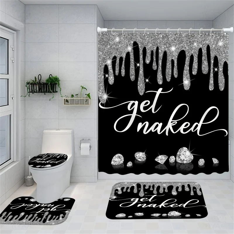 

4pcs Get Naked Diamond Shower Curtain Set, Fun Quote Modern Bathroom Decor, Bathroom Waterproof Fabric Curtain With 12