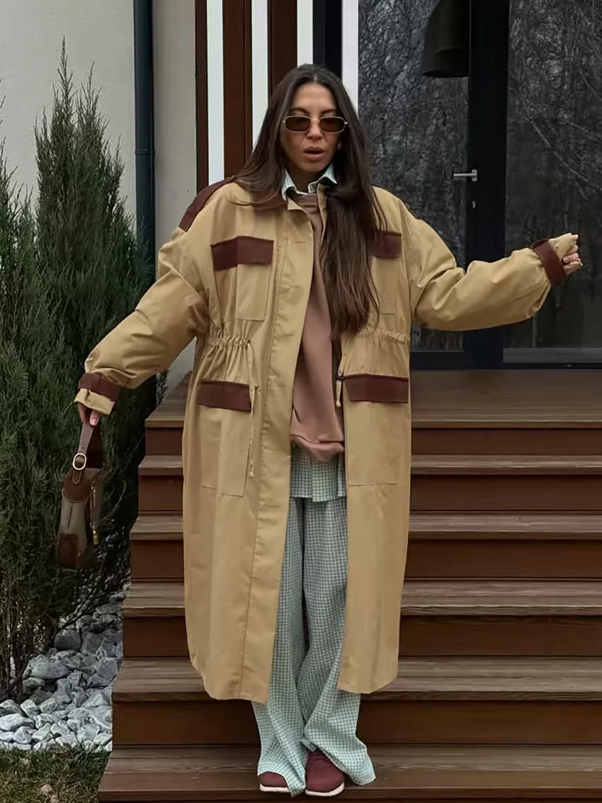 Retro Workwear Contrast Color Casual Collar Long Coat Windbreaker Versatile Long Sleeve Loose Fit Single Button Closure Pure ...