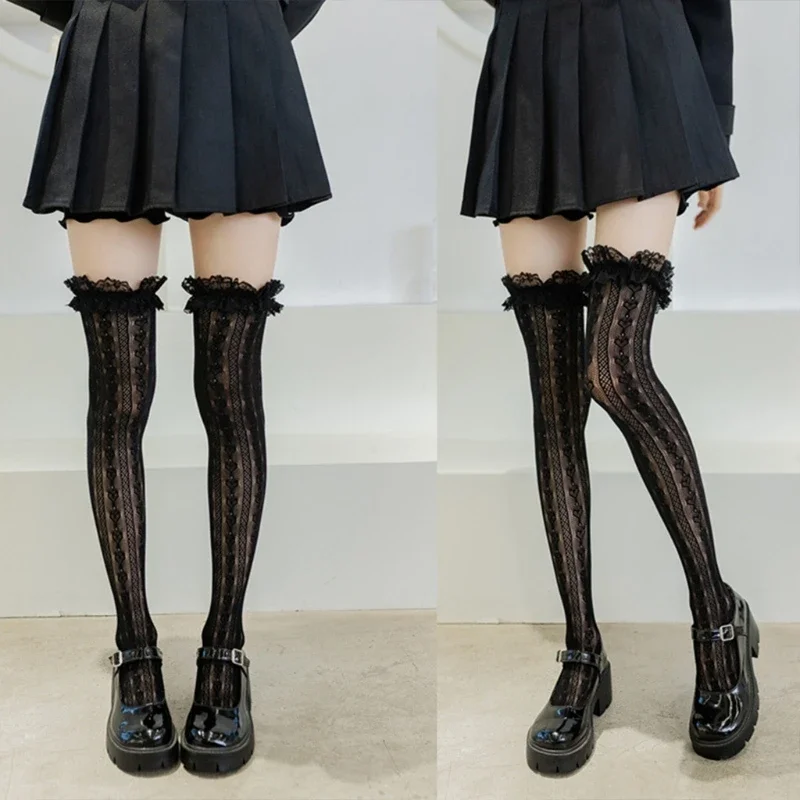 Calzini alti alla coscia da donna Lolita a rete stile giapponese cuore a righe in pizzo fantasia sopra il ginocchio calze lunghe con volant increspato Kawaii