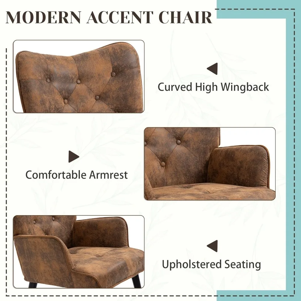WingBack Chair, Rustic Accent Chair with Arms Upholstered, Button Backrest for Living Room (Brown)
