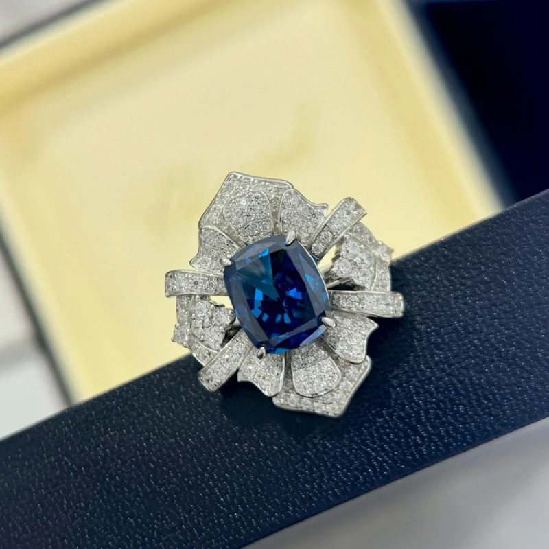 S925Sterling Silver Aquamarine Flower Exquisite High-Grade Super Flash Artificial Diamond Ring Unique Big Flower Layering Ring