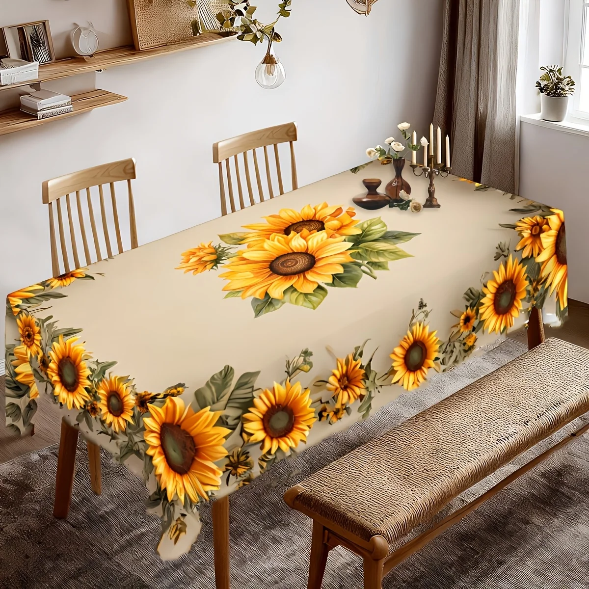 Spring and Summer Yellow Sunflower Pattern Tablecloth, with graphic design, suitable for both indoor and outdoor decoration.