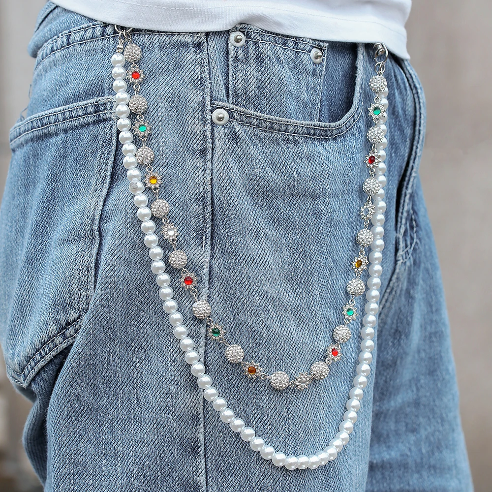 

Colorful Crystal Zircon Pendant Pants Chain for Women Men Elegant Multi Layer Imitation Pearl Chain Waist Chain Jeans Jewelry