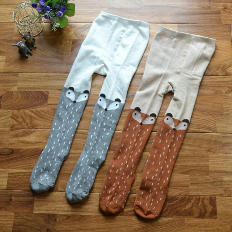 Children Cotton Knitted Tights For Girls Cute Cartoon Fox Patchwork Pantyhose For Baby Girls Spring Autumn Kids Leggings 1-4Yrs