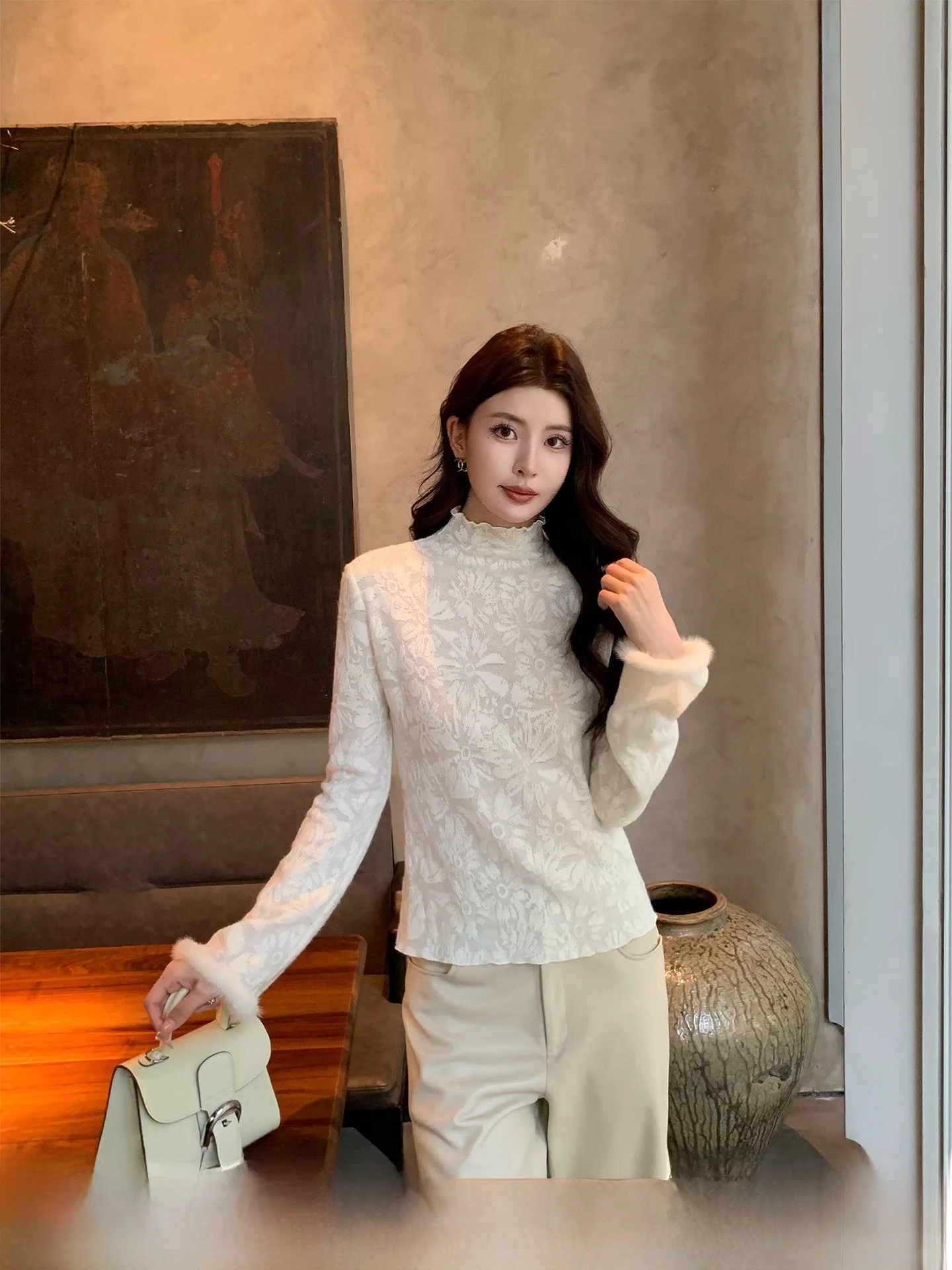 Kun Fuu Wool Knitted Lace Base irt Women's Slim Fit f High Collar Inner Wear Casual Sle Regular Sve Length