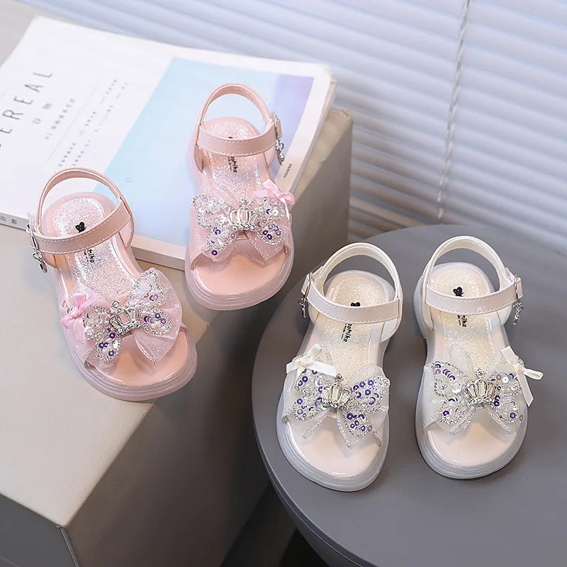 

2026 Girls Summer Sandals with Bow Rhinestone - Soft Cushion Sole Breathable Toddler Shoes for Beach Daily Play