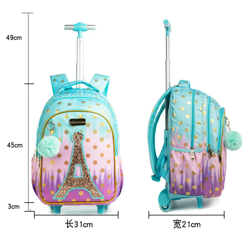 3 IN 1 School Children\'s Backpack with Wheels Kids Wheeled School Bag Teenagers Girls Canvas Backpack Travel Trolley Bags