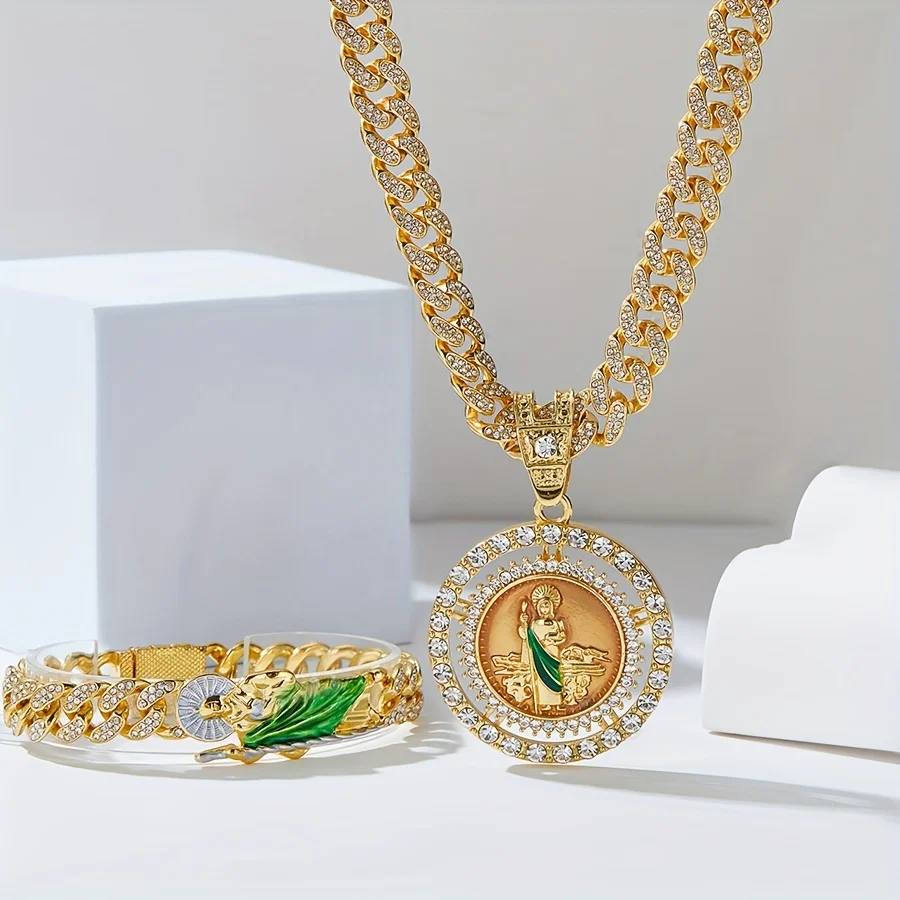 مجموعة أزياء الهيب هوب للرجال: قلادة وسوار وخاتم سانت جود - سبائك الزنك مع لهجات حجر الراين