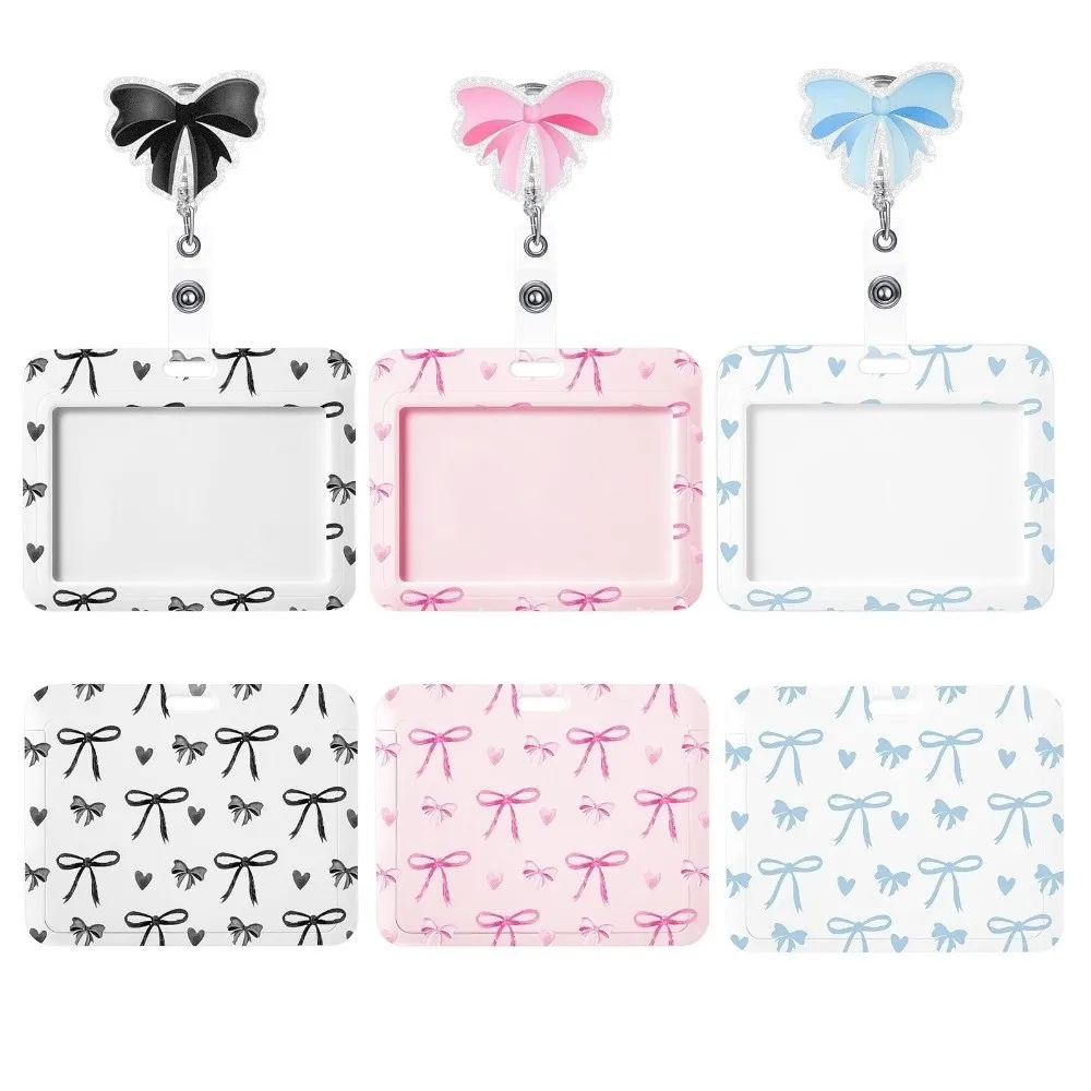 New Bow Print ID Badge Holder 360° Rotating ABS Name Tag Holder Horizontal Retractable Card Holder School Office Supplies