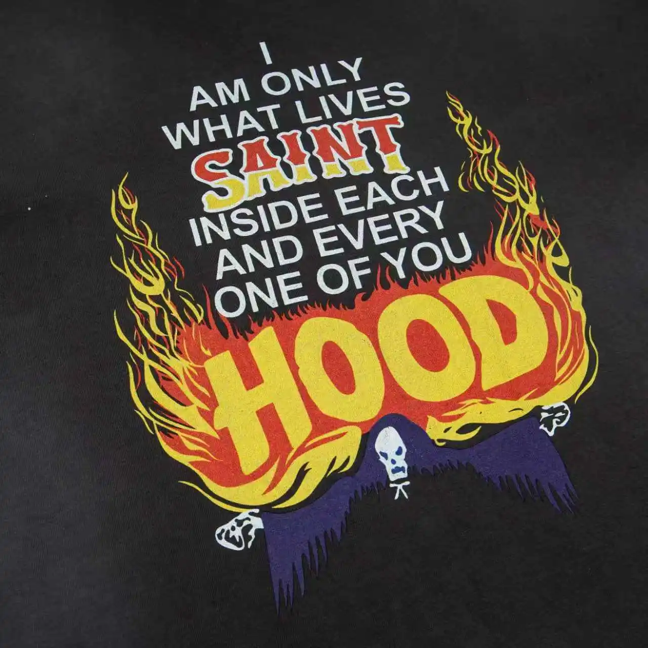 Saint Hood Flame Letter Print T Shirt Men Women Vintage Washed Oversized Graphic Tee Retro Hip Hop Streetwear Casual Short Tops