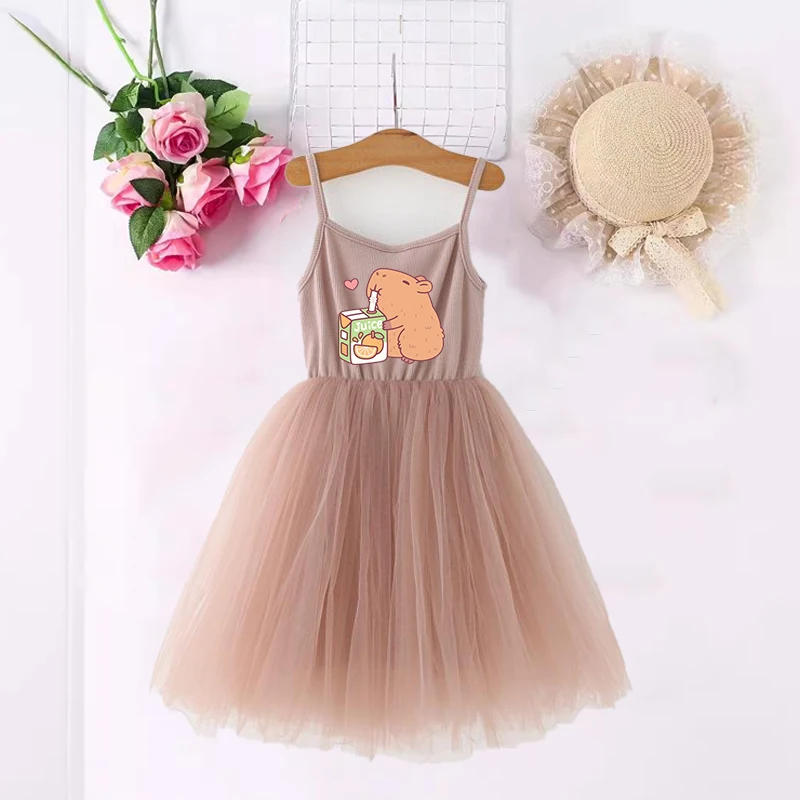 Vestidos Capybara para niñas con estampado de Anime, vestido bonito de manga corta para niños, ropa de verano con dibujos animados a la moda para bebés, regalo de cumpleaños
