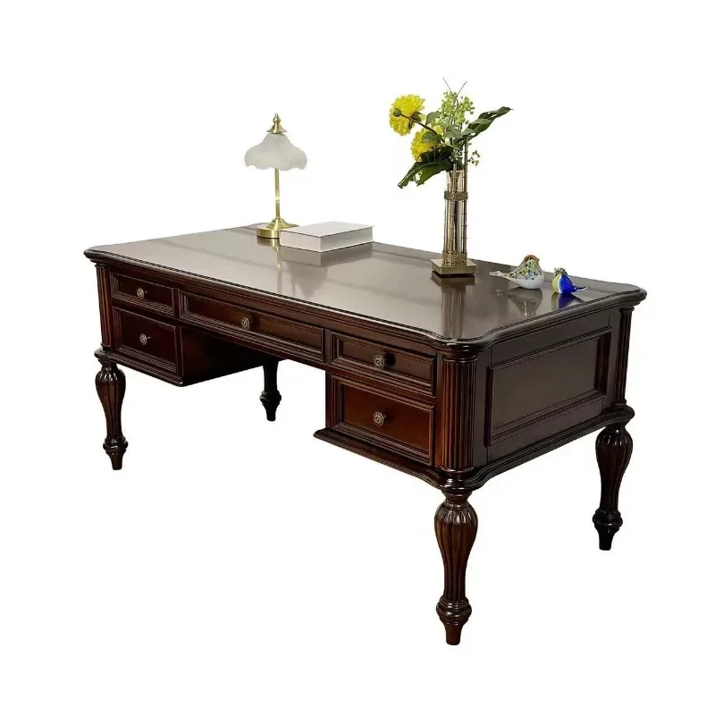 Solid wood desk retro engraving classic Roman column study desk writing desk furniture