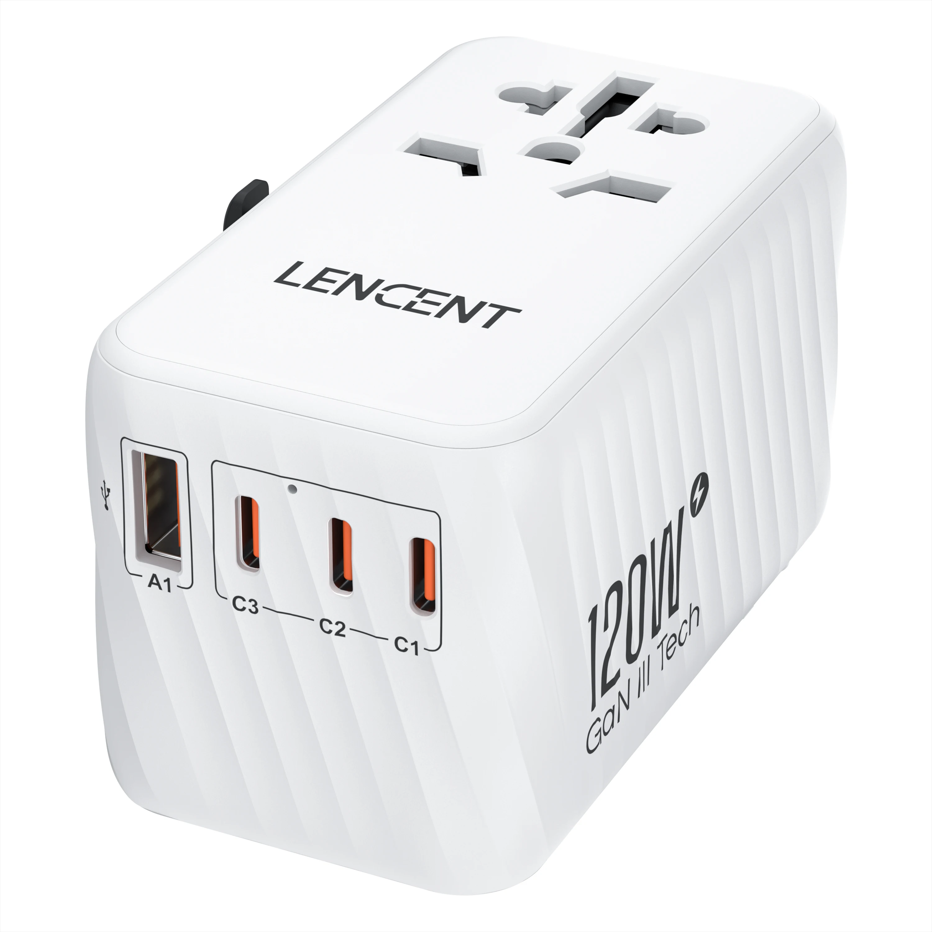 LENCENT 120W GaN Universal Travel Adapter with1 USB-A+3 Type-C  Support PPS ,PD3.0 Fast Charger EU/UK/USA/AUS plug for Travel