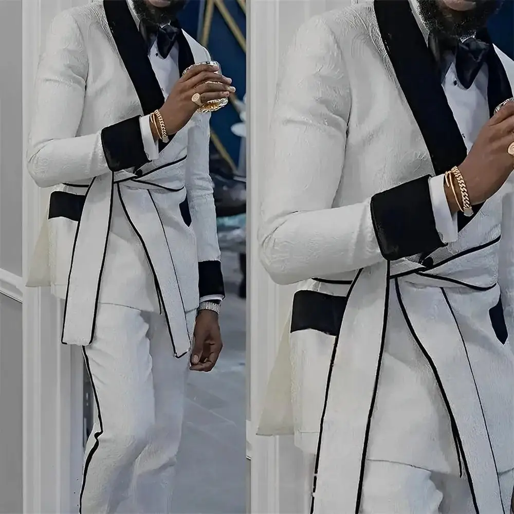 

White Jacquard Jacket Pants Belt Double Breasted Shawl Lapel Men Suits Terno Masculino Tuxedo Groom Wedding Prom Party