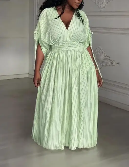 

Women Dresses 2026 New Striped V-Neck Drawstring Sleeve Shirred Waist Maxi Dress Casual Cinched Waist Zipper Back Vacation Dress