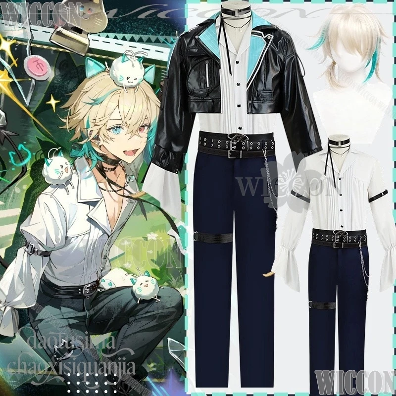 

Аниме Vtuber VirtuaReal AZA Косплей Youtuber Idol Сценический костюм Пу Черное короткое пальто Рубашка Брюки Панк Пояс Хэллоуин Comic Con Outfit