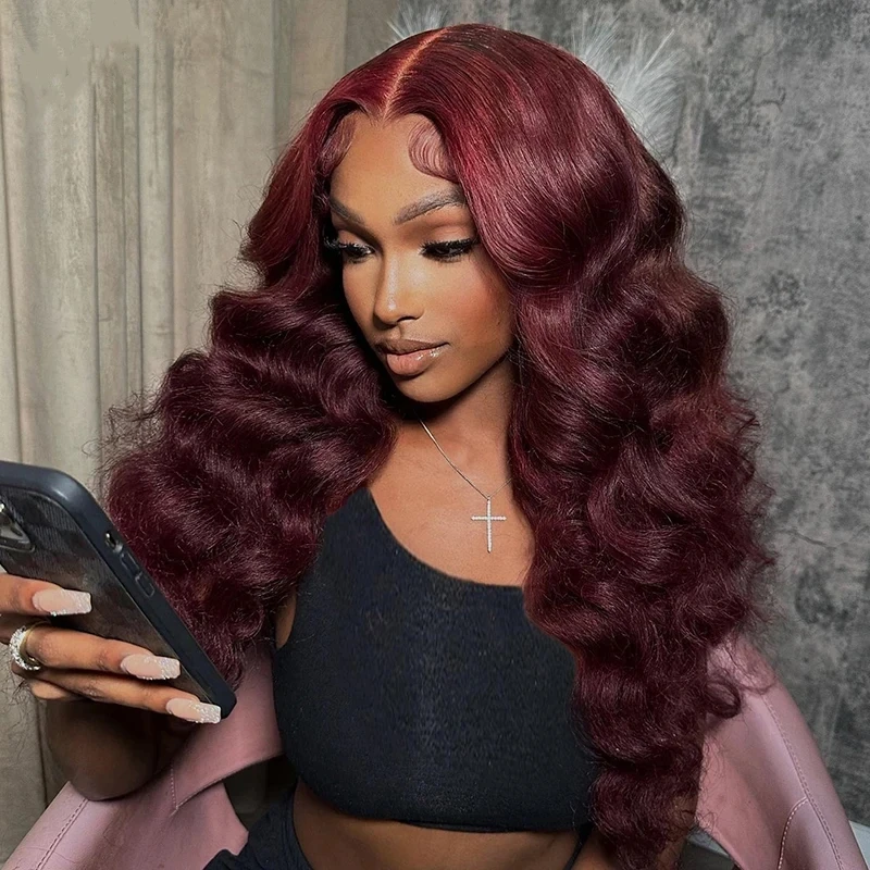 

13X4 Red Hd Lace Frontal Human Hair Wigs Red Colored Body Wave Lace Front Wig Burgundy Brazilian Hair Wigs For Women Pre Plucked