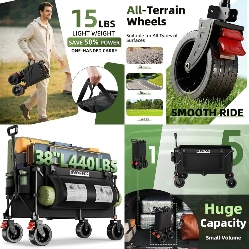 

Heavy-Duty 38 Collapsible Utility Wagon with 440 lbs Capacity, Side Storage, Ideal for Sports, Beach, and Grocery Hauling in Bla