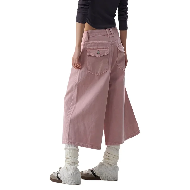 Shorts de Mezclilla Rosa para Mujer, Estilo Cargo, Verano, Corte Recto, Pierna Ancha, Cintura Baja, Color Sólido, Casual, Tipo Bermuda, para Uso Diario
