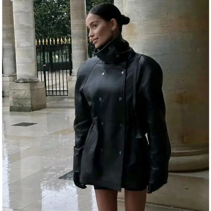 Winter Nieuwe Dames Retro Coin Lange Sve Stand Kraag PU Leer Jaet Halflange Jas Casual Loose Fit Ritssluiting