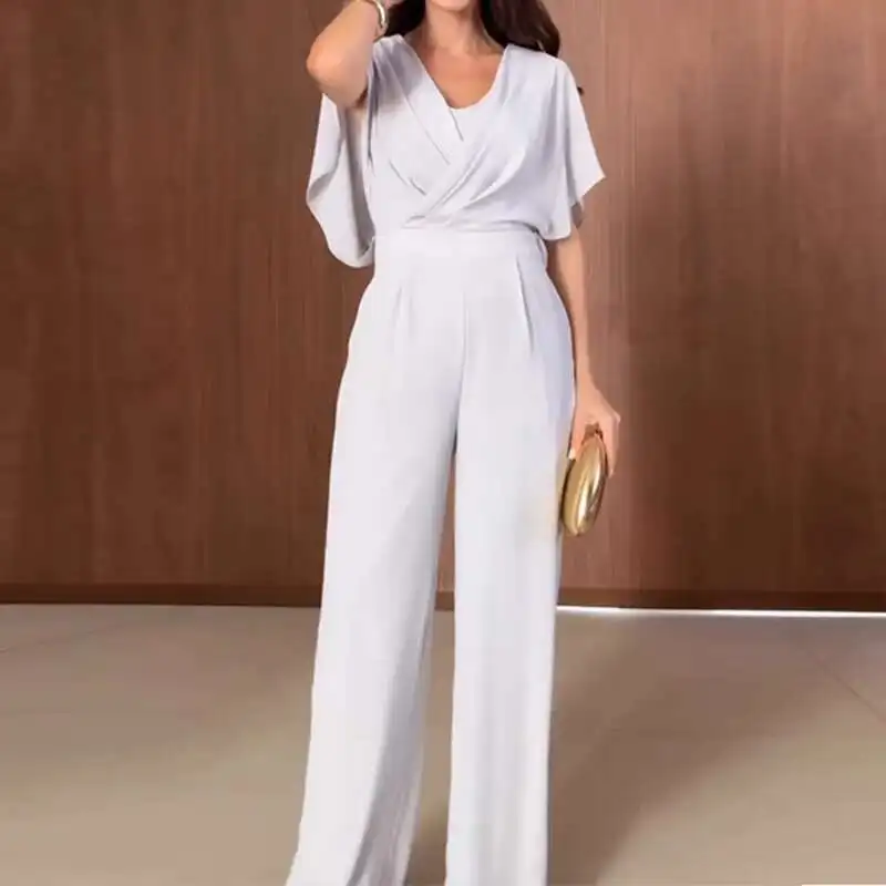 الصيف الشارع فضفاض واسعة الساق Playsuit سيدة الخامس الرقبة قصيرة الأكمام عالية الخصر بذلة مكتب أنيقة الصلبة جيب مستقيم رومبير