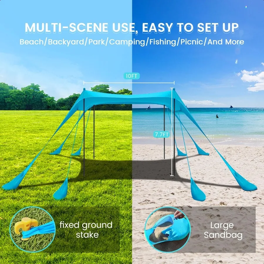 Tenda da spiaggia Tenda da sole 10x10FT Tenda da spiaggia con 8 sacchi di sabbia Protezione UPF 50+ Tenda da spiaggia Tenda da esterno per spiaggia