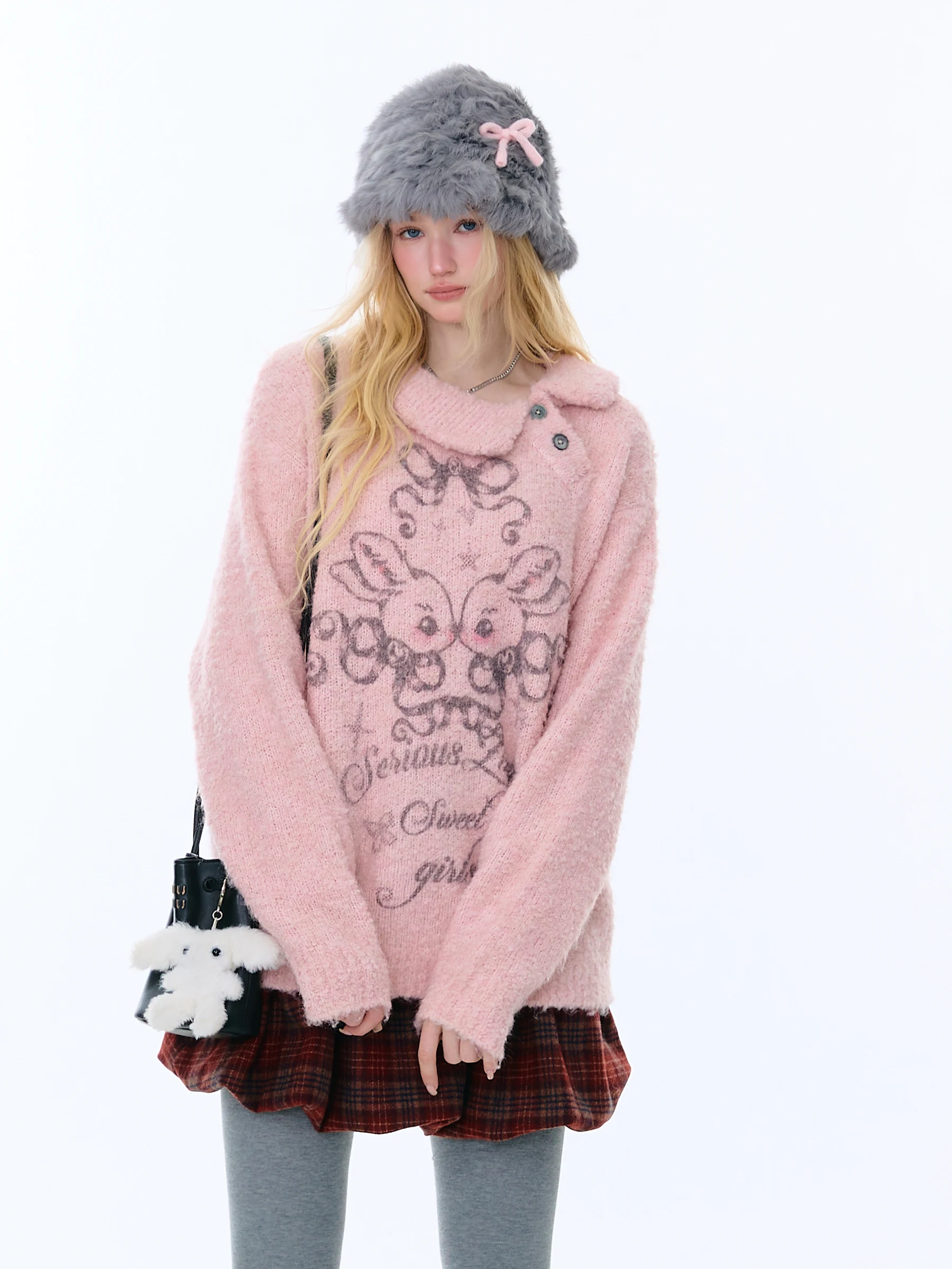 

ZiziFei American Retro Design Pink Rabbit Lazy Sle Doll Collar Sweater Women's Autumn Winter Loose Fit Straight Tube Long S...