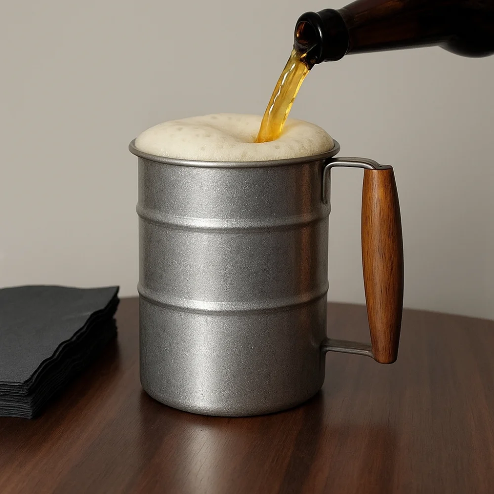 

Stainless Steel Vintage Wine Mug Oil Barrel Design Industrial Style Cold Drinks Mug Shatterproof Wooden Handle Coffee Cup Picnic